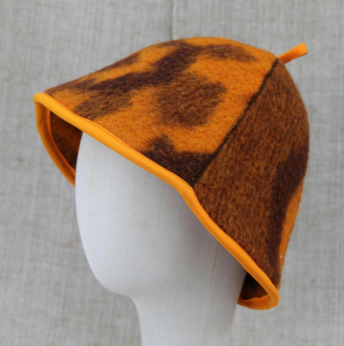 Upcycled Wool Blanket Sauna Hat – Vibrant Orange & Brown Pattern