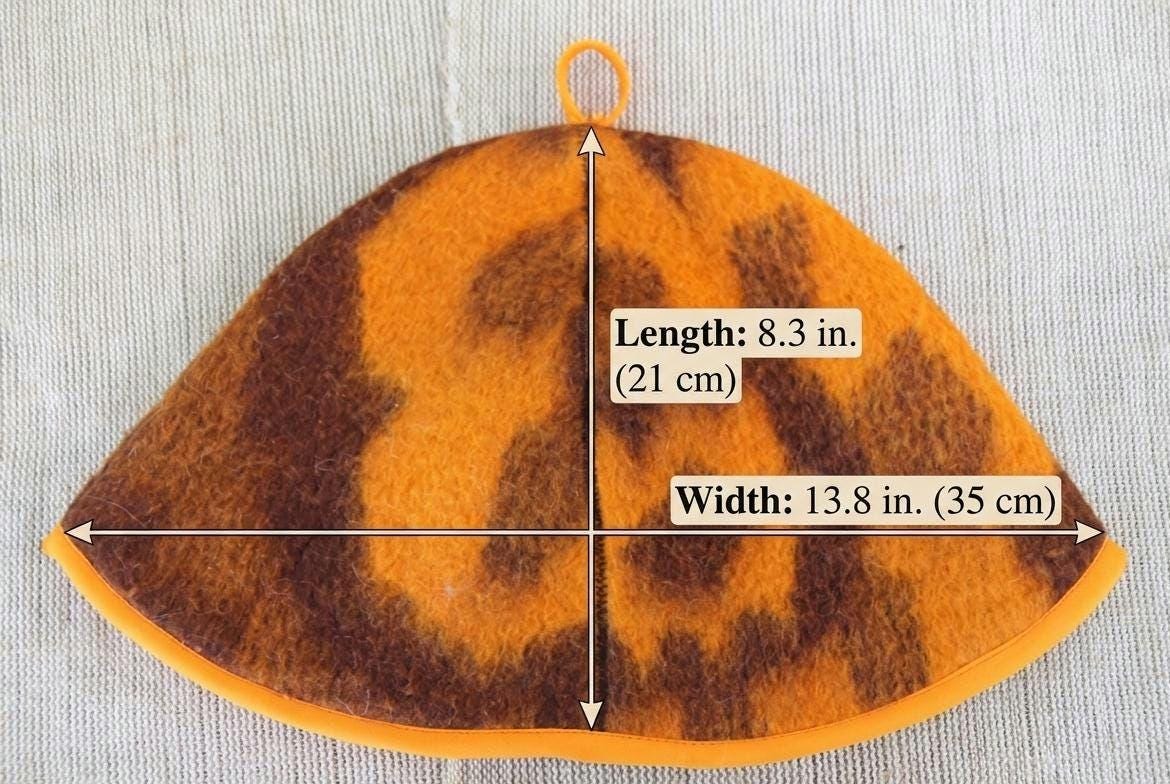 Upcycled Wool Blanket Sauna Hat – Vibrant Orange & Brown Pattern