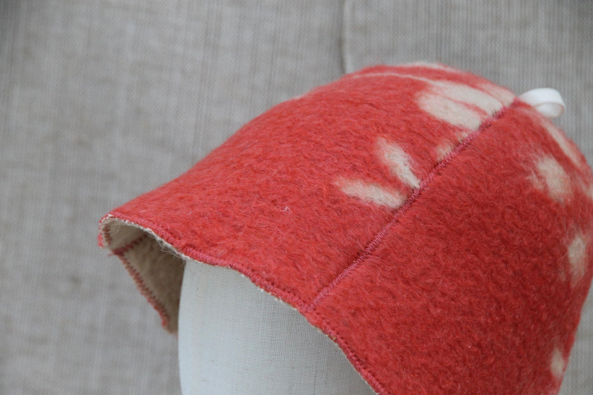 Upcycled Wool Sauna Hat, Coral Red Cream Banya Cap, Eco Felted Spa Bonnet