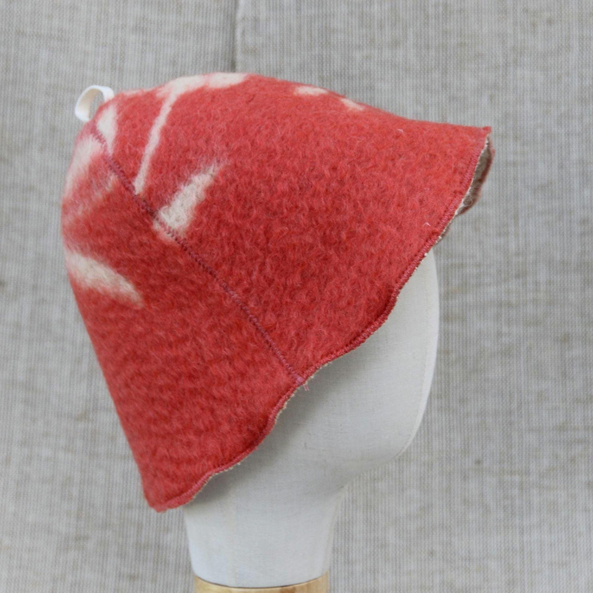 Upcycled Wool Sauna Hat, Coral Red Cream Banya Cap, Eco Felted Spa Bonnet