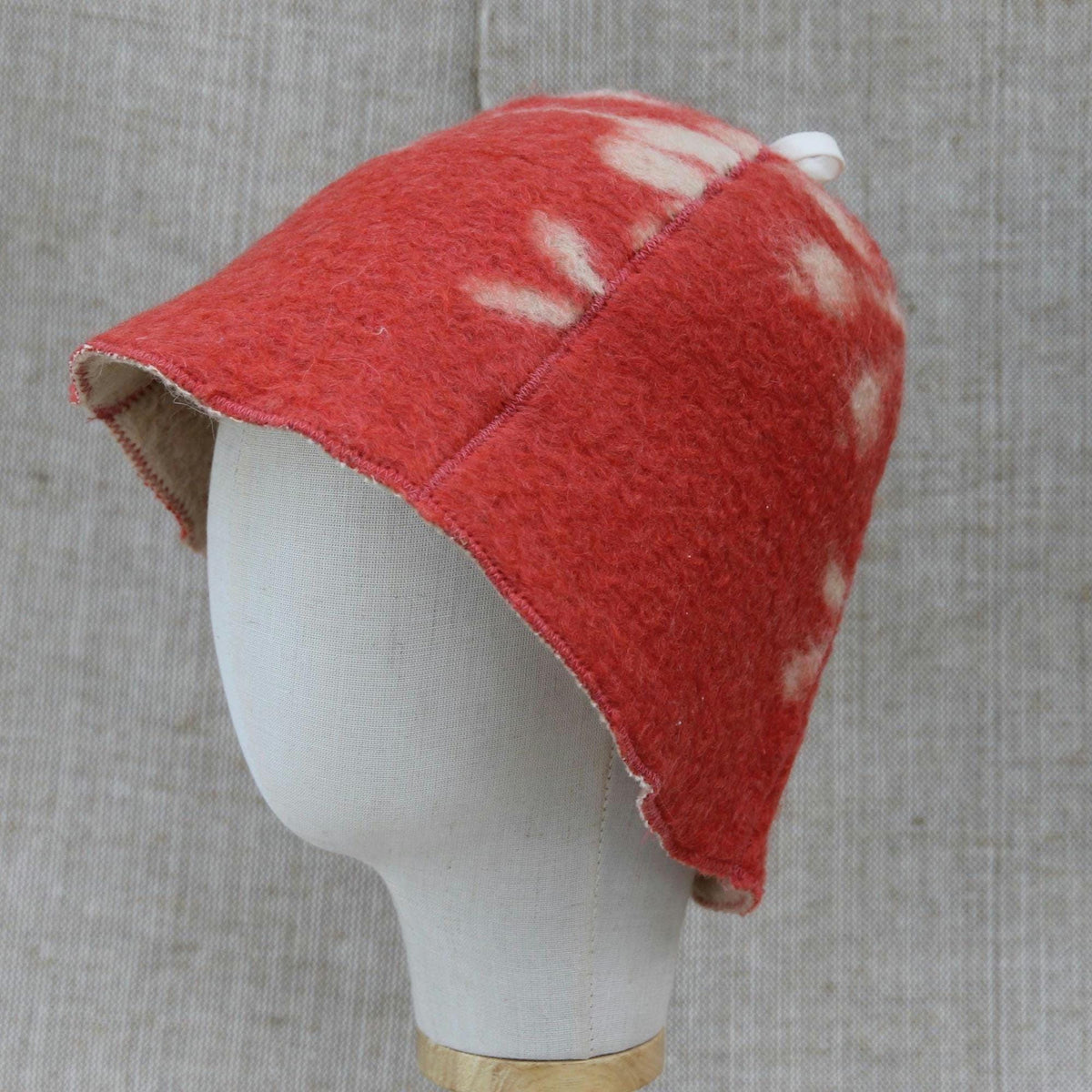 Upcycled Wool Sauna Hat, Coral Red Cream Banya Cap, Eco Felted Spa Bonnet