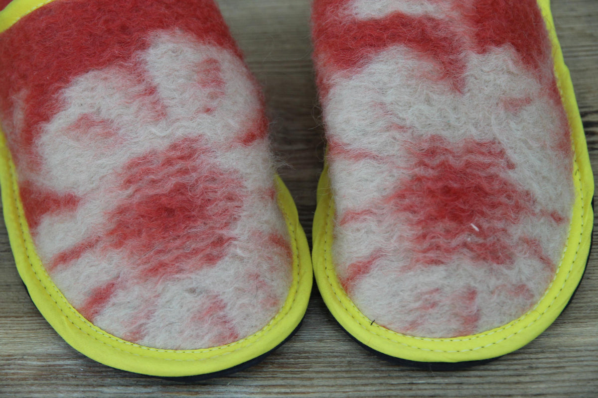 Upcycled Wool Blanket Slippers, Red Cream Slides, Yellow Trim, Women's Size 6.5
