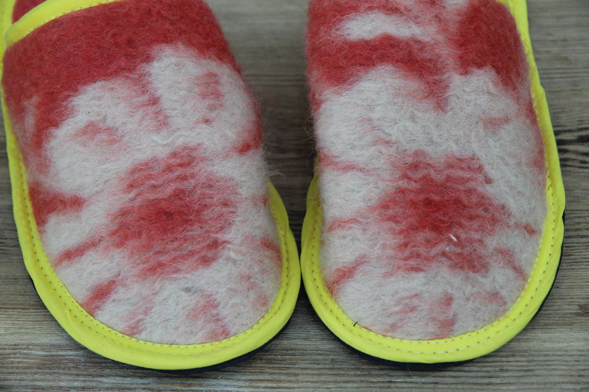 Upcycled Wool Blanket Slippers, Red Cream Slides, Yellow Trim, Women's Size 6.5