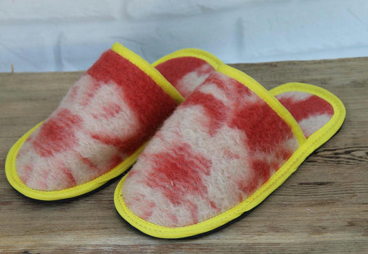 Upcycled Wool Blanket Slippers, Red Cream Slides, Yellow Trim, Women's Size 6.5