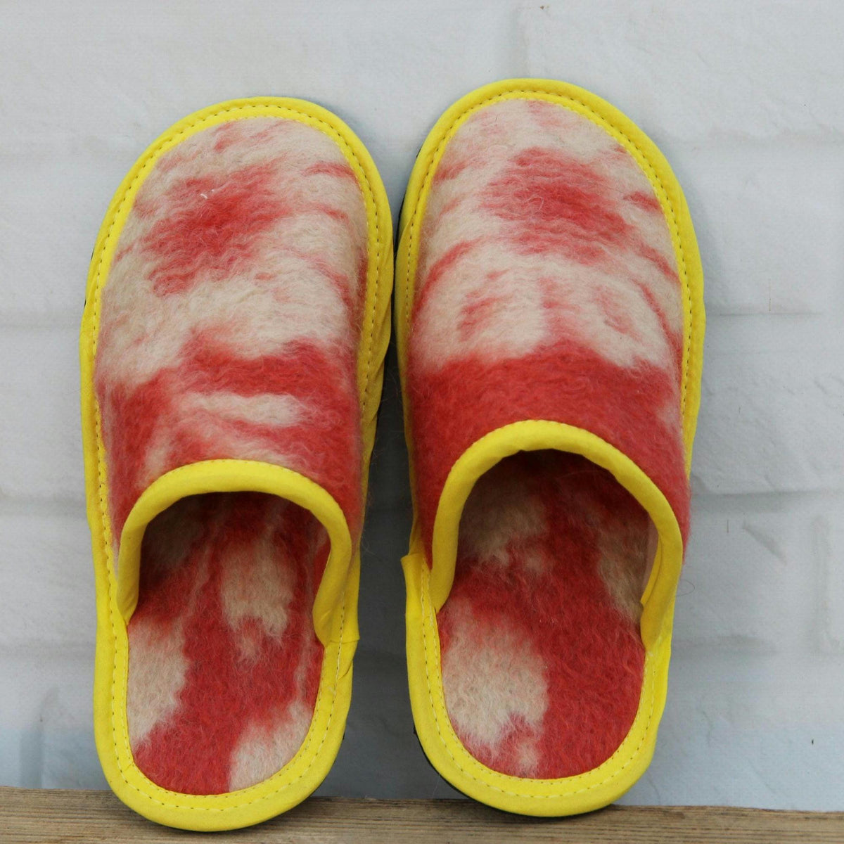 Upcycled Wool Blanket Slippers, Red Cream Slides, Yellow Trim, Women's Size 6.5