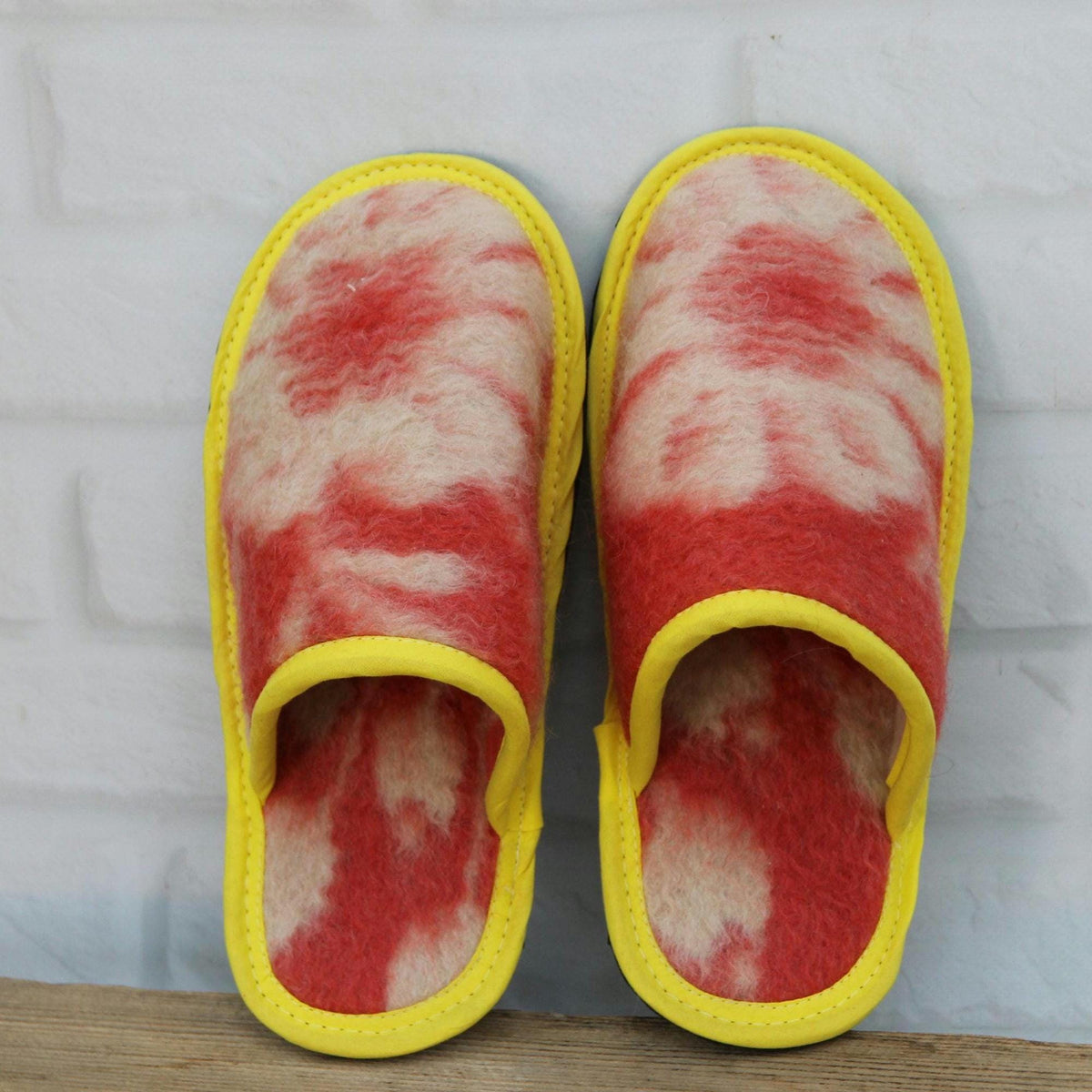 Upcycled Wool Blanket Slippers, Red Cream Slides, Yellow Trim, Women's Size 6.5