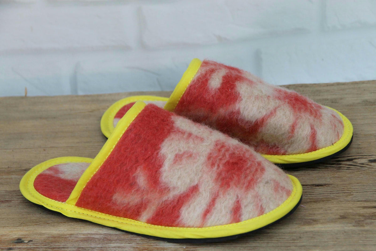 Upcycled Wool Blanket Slippers, Red Cream Slides, Yellow Trim, Women's Size 6.5