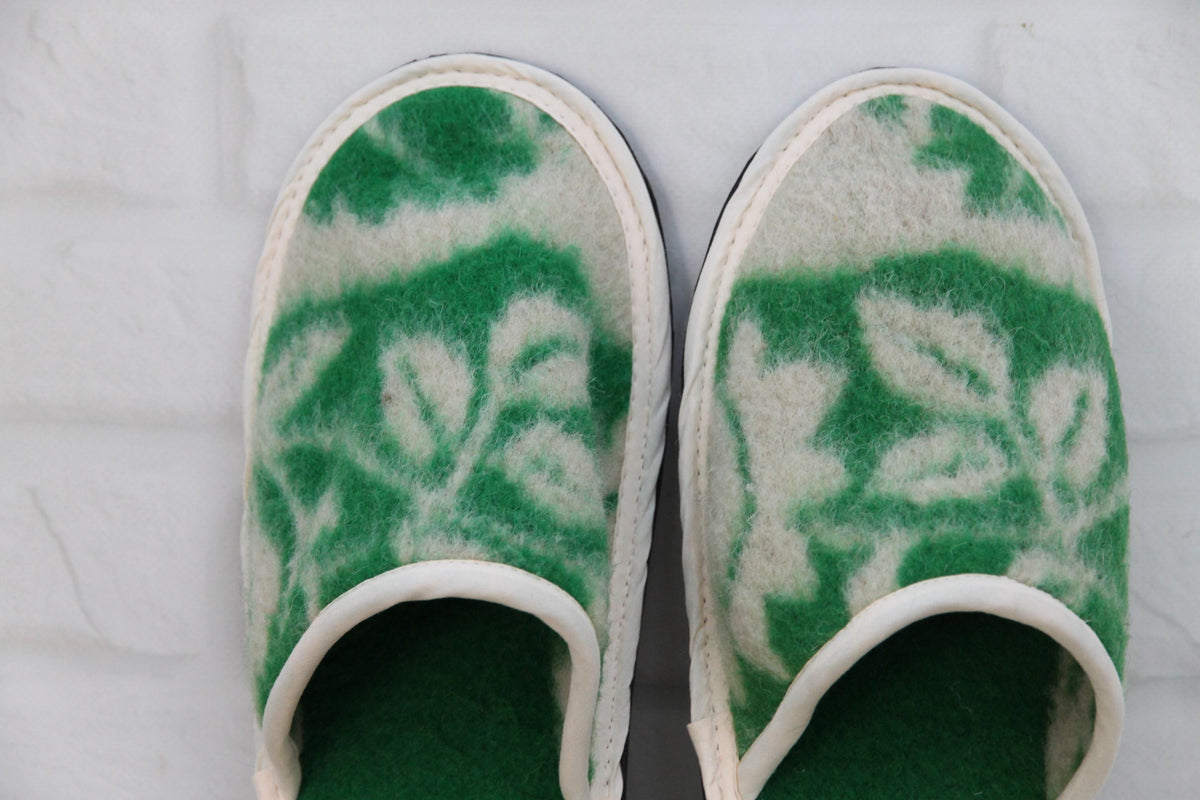 Upcycled Wool Botanical Pattern Slippers – Handmade House Shoes (EU 42)