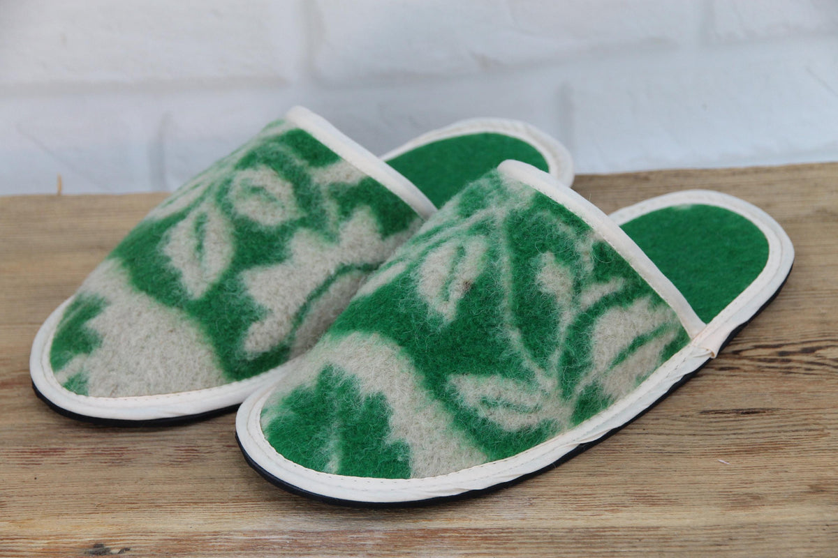 Upcycled Wool Botanical Pattern Slippers – Handmade House Shoes (EU 42)