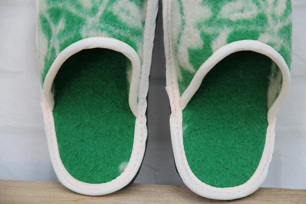 Upcycled Wool Botanical Pattern Slippers – Handmade House Shoes (EU 42)