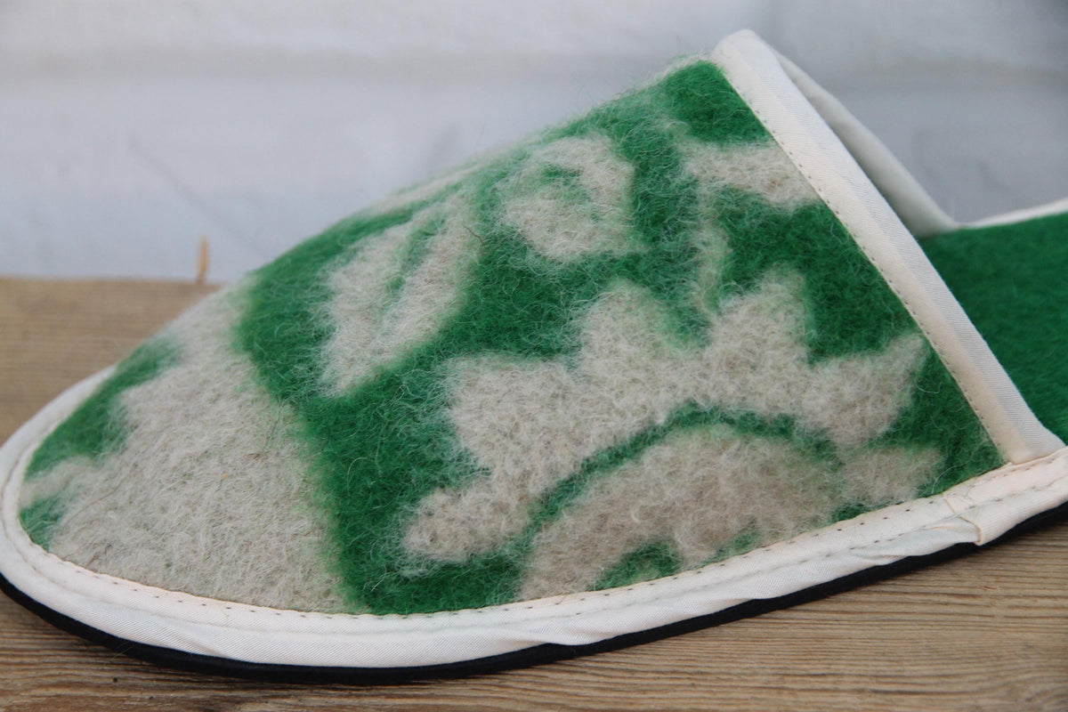 Upcycled Wool Botanical Pattern Slippers – Handmade House Shoes (EU 42)