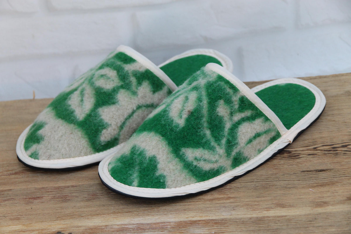 Upcycled Wool Botanical Pattern Slippers – Handmade House Shoes (EU 42)