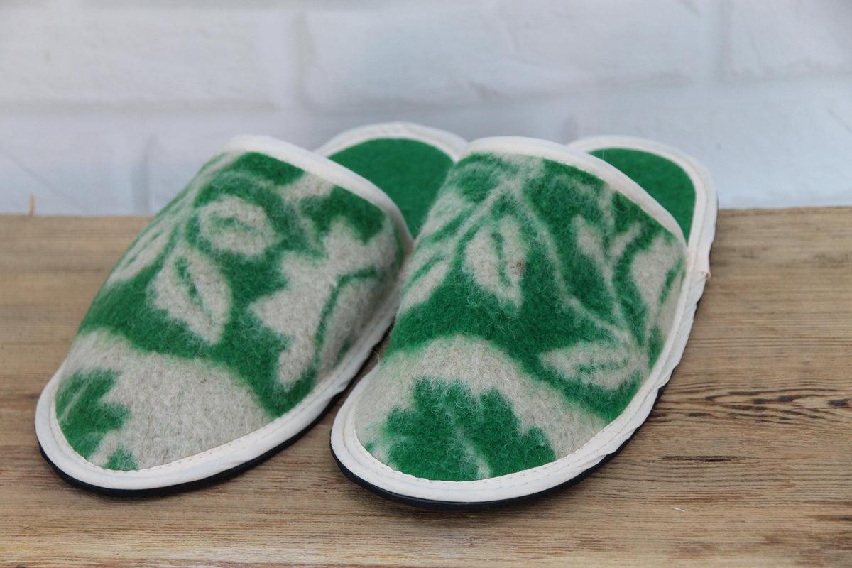 Upcycled Wool Botanical Pattern Slippers – Handmade House Shoes (EU 42)