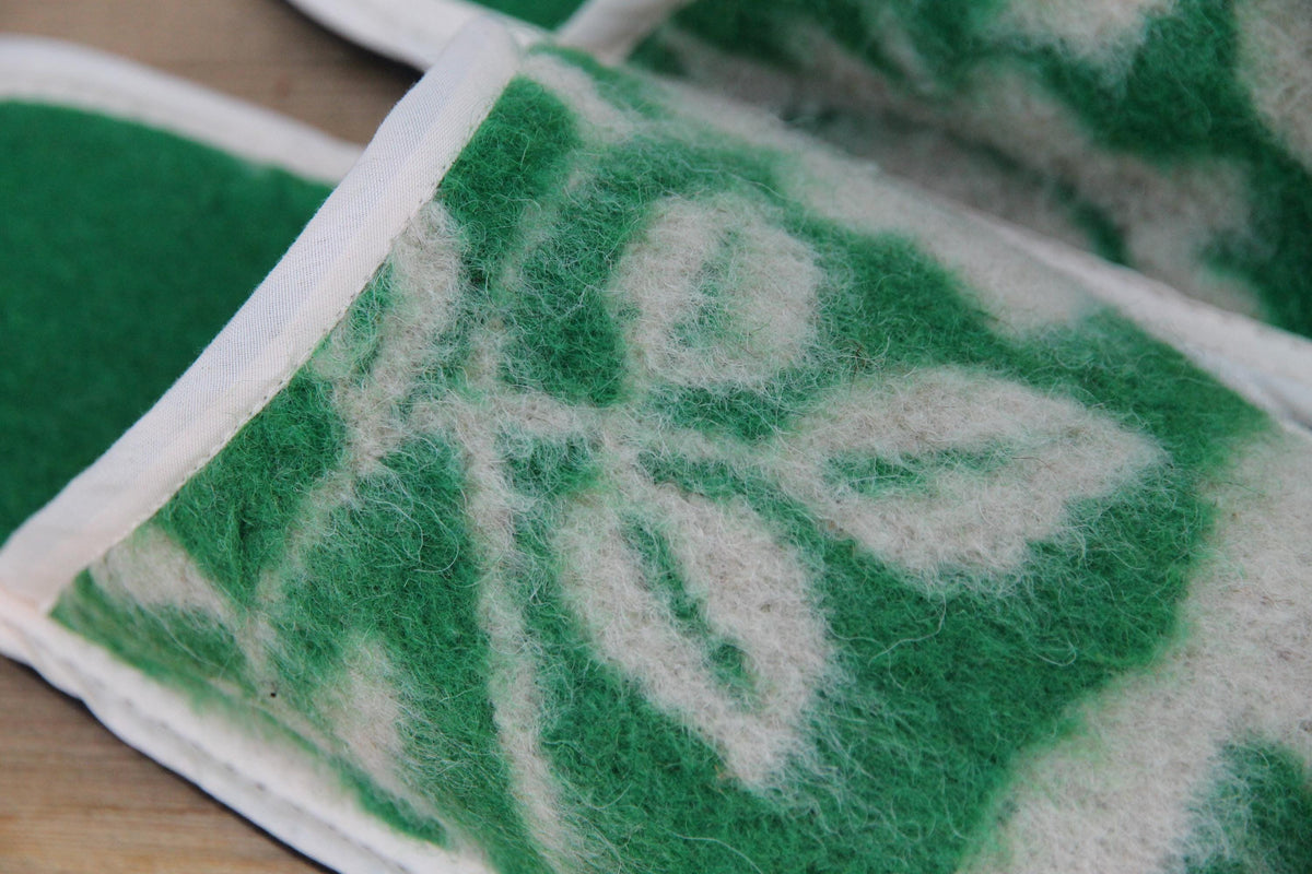 Upcycled Wool Botanical Pattern Slippers – Handmade House Shoes (EU 42)