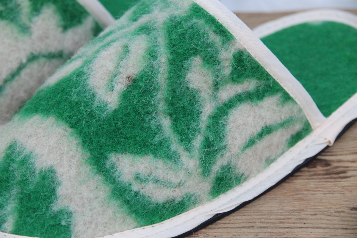 Upcycled Wool Botanical Pattern Slippers – Handmade House Shoes (EU 42)