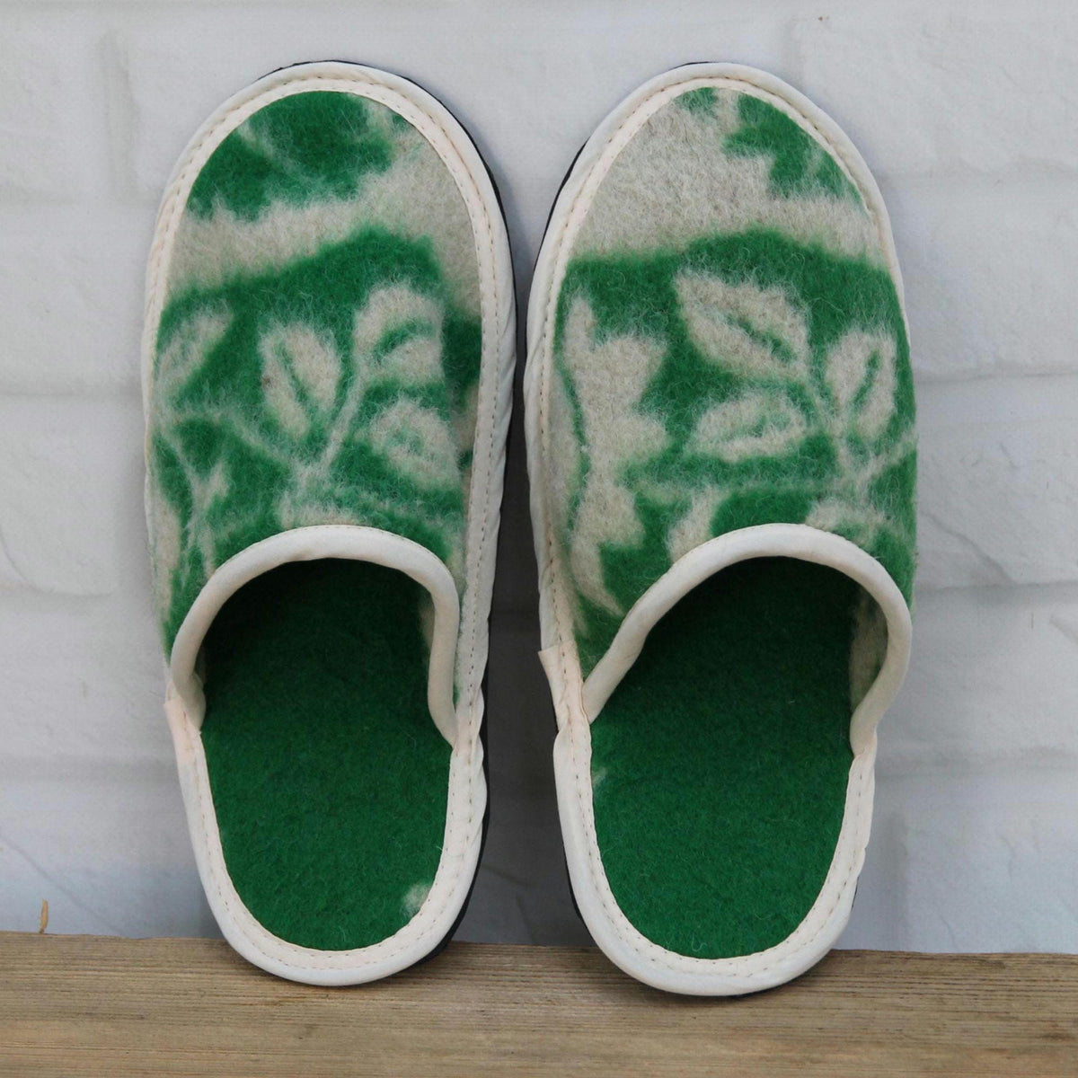 Upcycled Wool Botanical Pattern Slippers – Handmade House Shoes (EU 42)