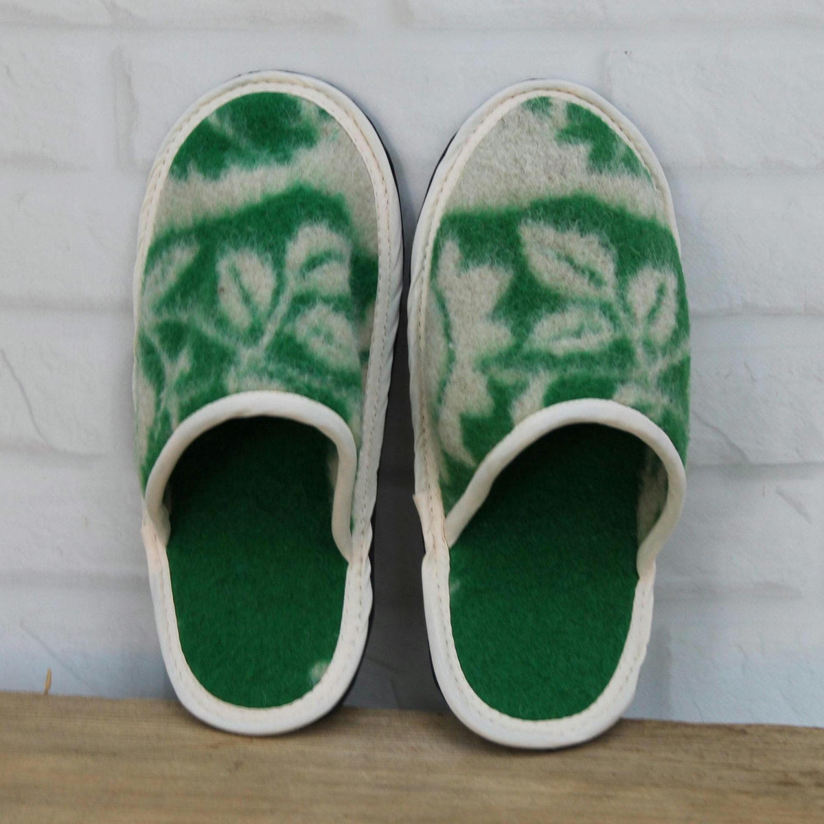 Upcycled Wool Botanical Pattern Slippers – Handmade House Shoes (EU 42)
