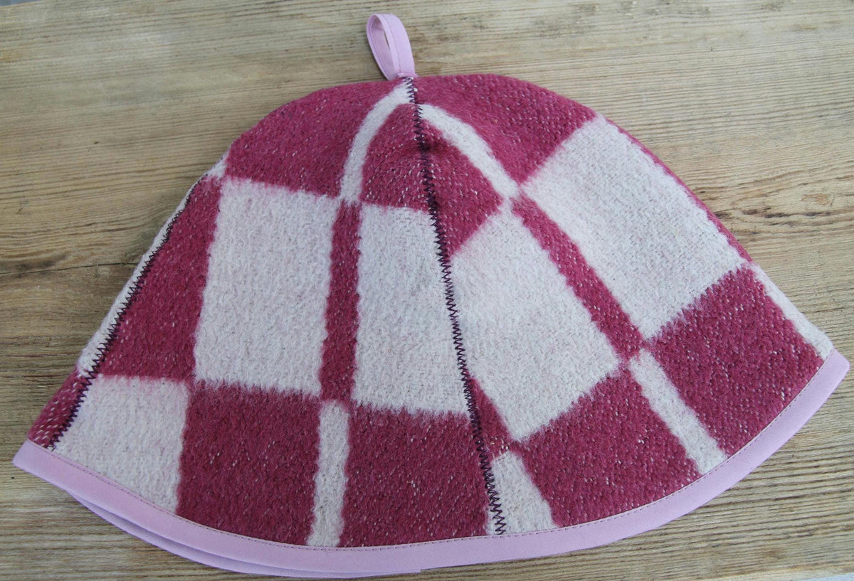 Upcycled Wool Sauna Hat, Checkered Bath House Cap, Eco-Friendly Spa Accessory