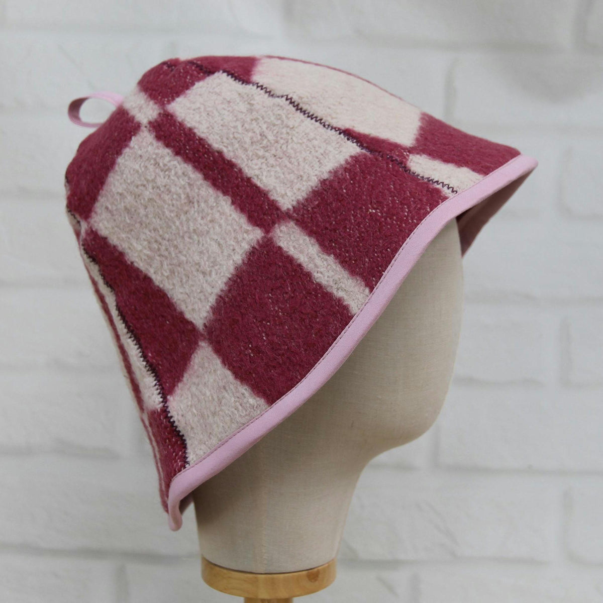 Upcycled Wool Sauna Hat, Checkered Bath House Cap, Eco-Friendly Spa Accessory