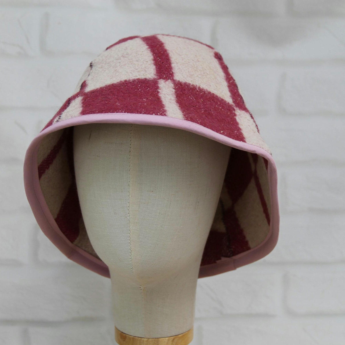 Upcycled Wool Sauna Hat, Checkered Bath House Cap, Eco-Friendly Spa Accessory