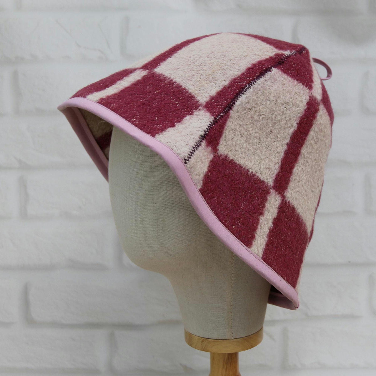 Upcycled Wool Sauna Hat, Checkered Bath House Cap, Eco-Friendly Spa Accessory