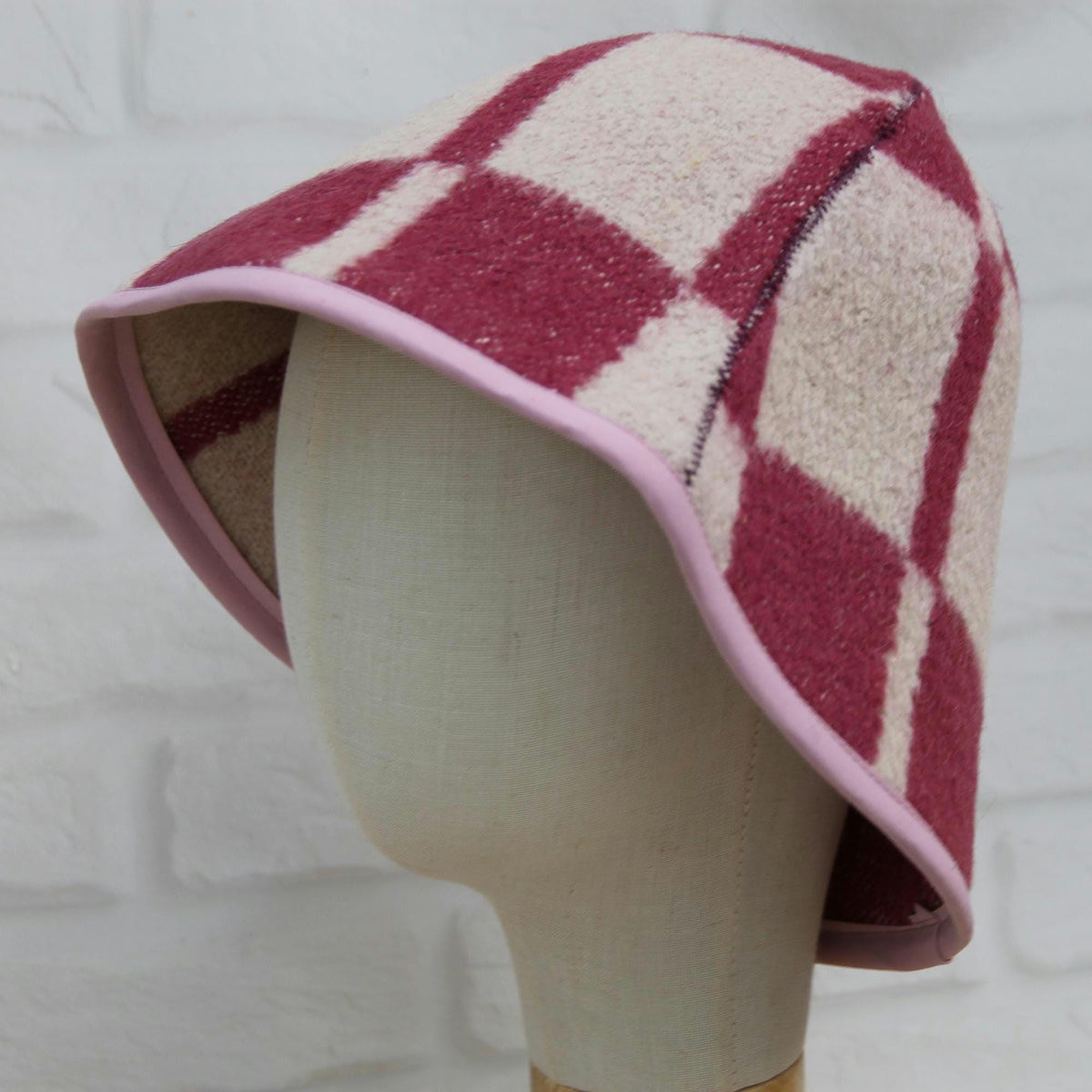 Upcycled Wool Sauna Hat, Checkered Bath House Cap, Eco-Friendly Spa Accessory