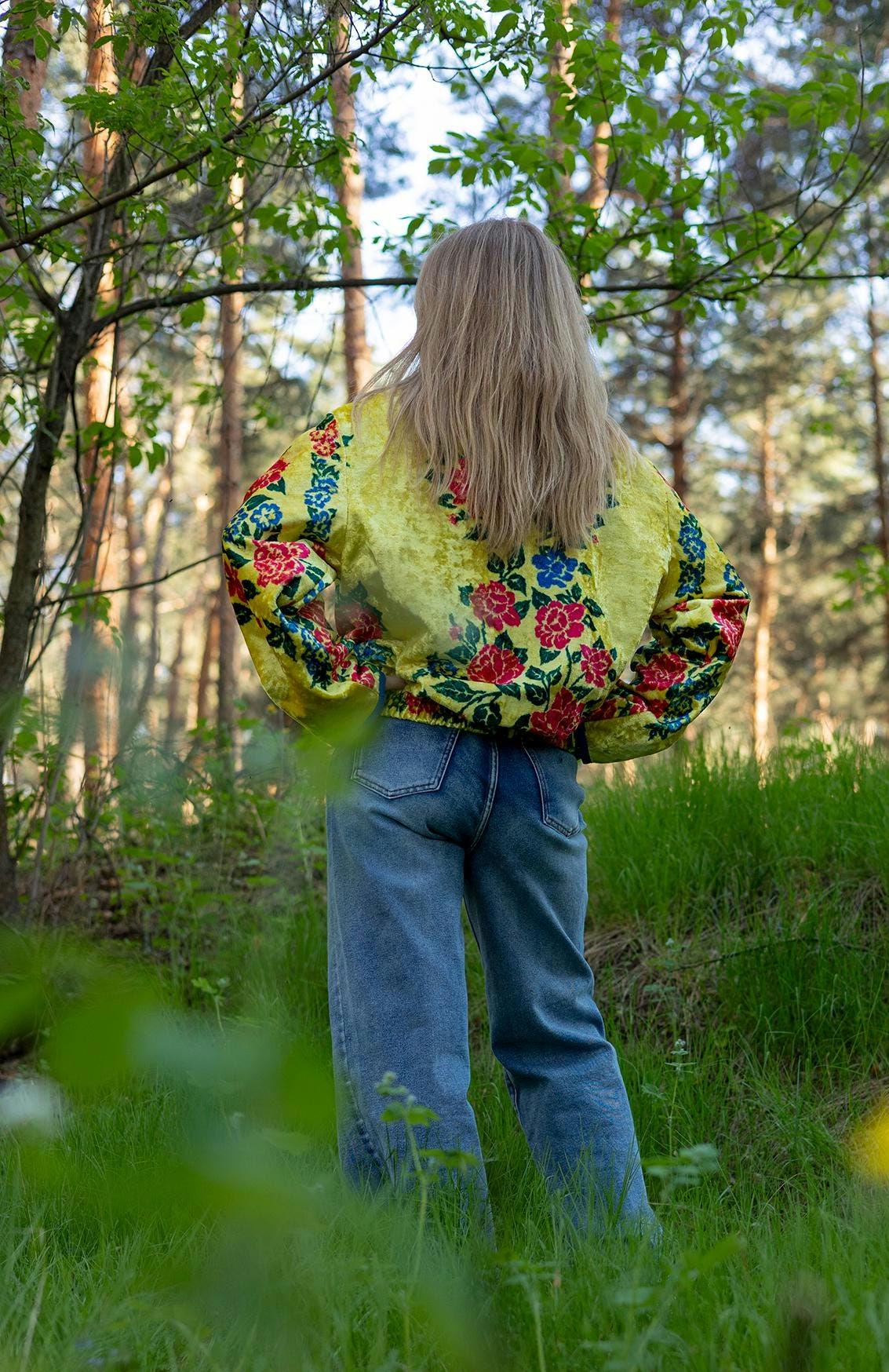 Upcycled Vintage Plush Jacket, Yellow Floral Boho Bomber Coat, Sustainable Velvet (M-L)