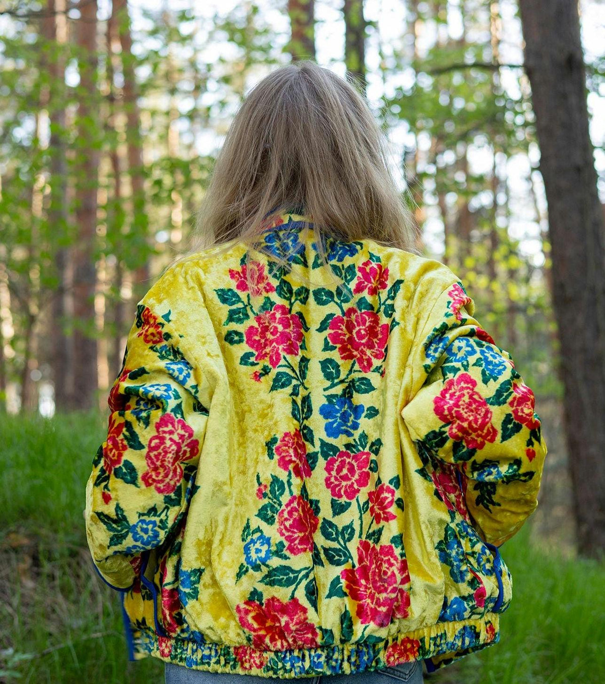 Upcycled Vintage Plush Jacket, Yellow Floral Boho Bomber Coat, Sustainable Velvet (M-L)