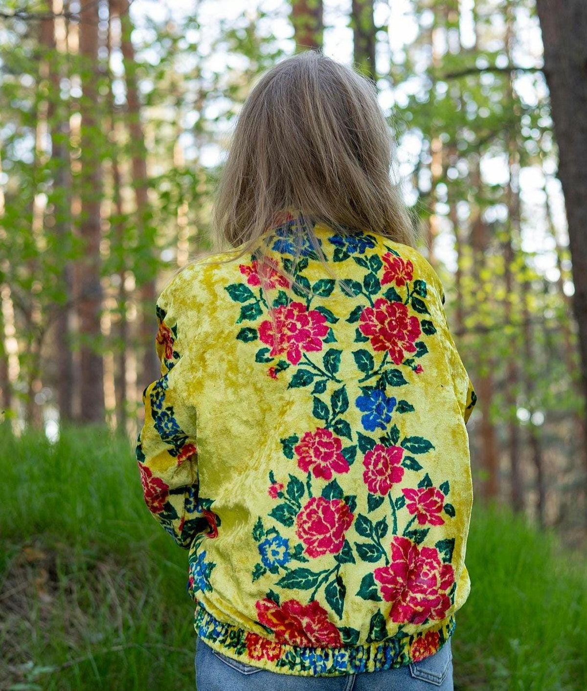 Upcycled Vintage Plush Jacket, Yellow Floral Boho Bomber Coat, Sustainable Velvet (M-L)