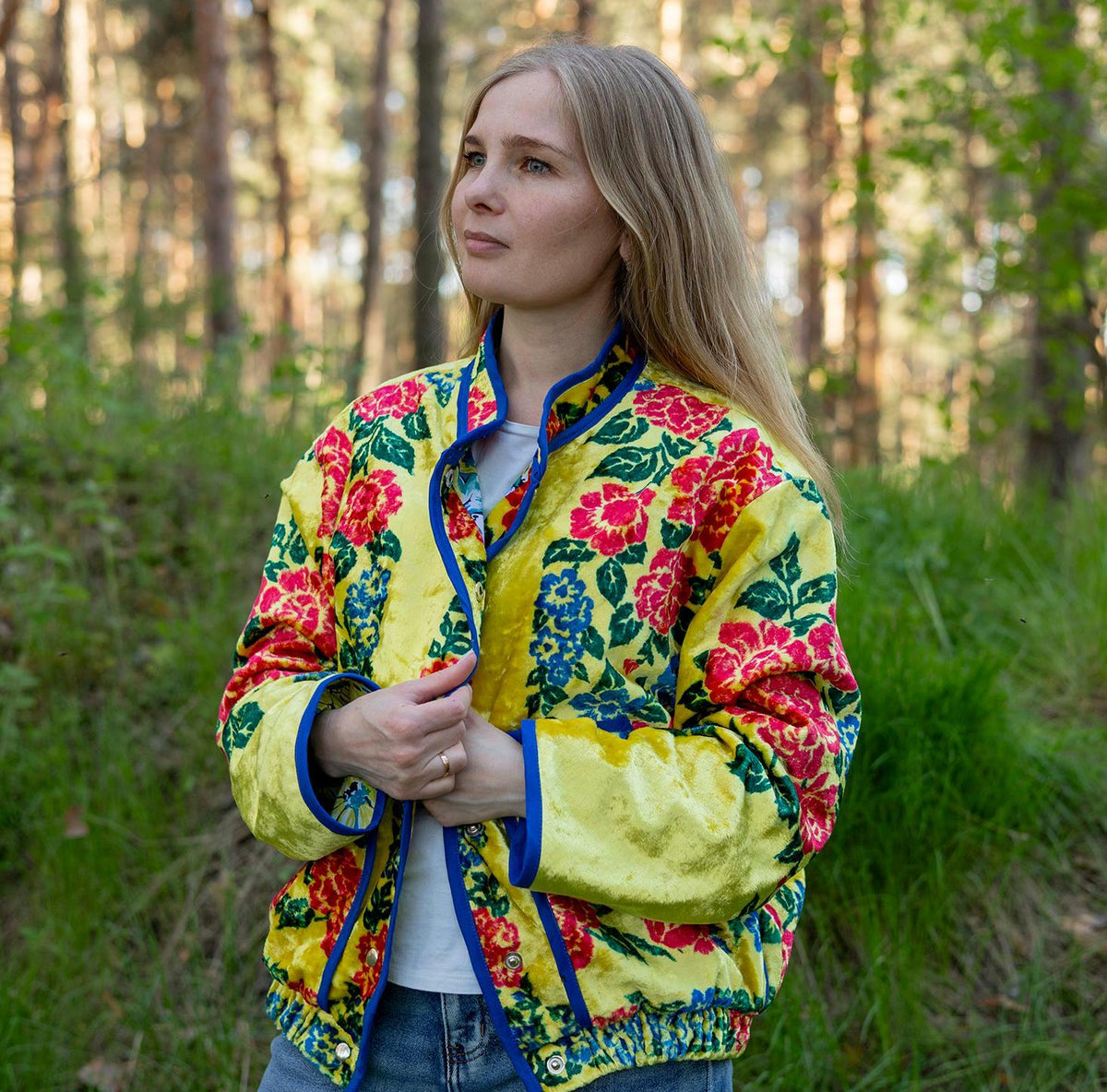 Upcycled Vintage Plush Jacket, Yellow Floral Boho Bomber Coat, Sustainable Velvet (M-L)
