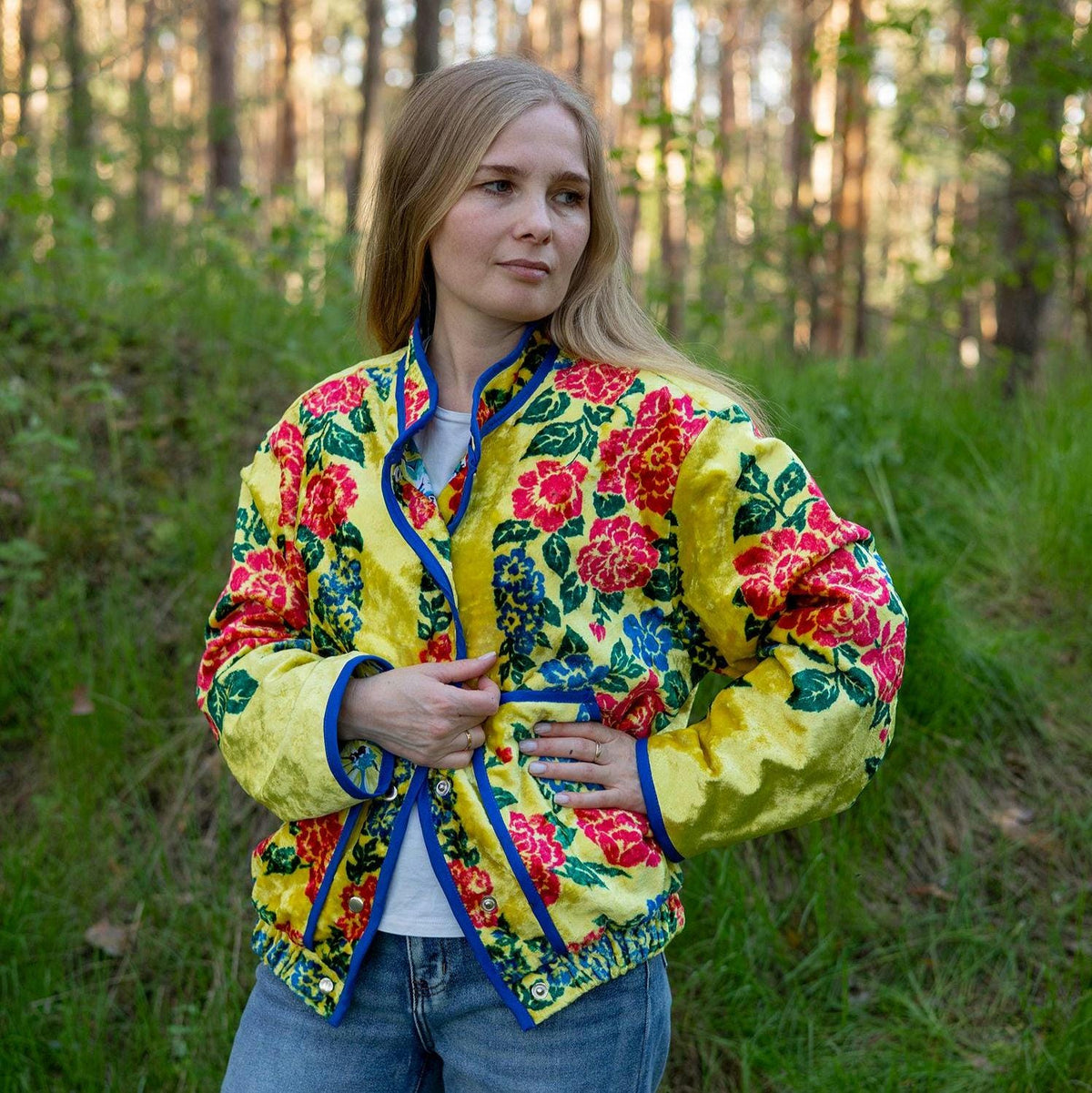 Upcycled Vintage Plush Jacket, Yellow Floral Boho Bomber Coat, Sustainable Velvet (M-L)