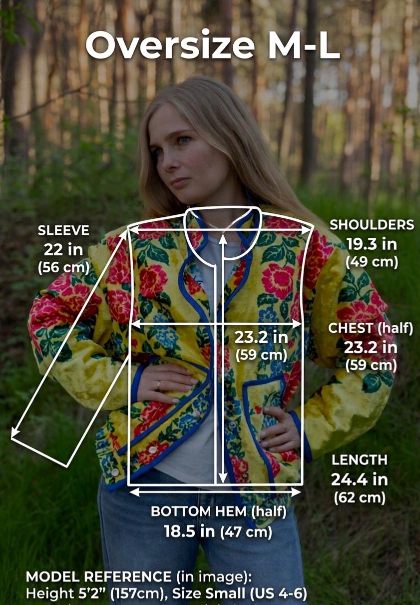 Upcycled Vintage Plush Jacket, Yellow Floral Boho Bomber Coat, Sustainable Velvet (M-L)