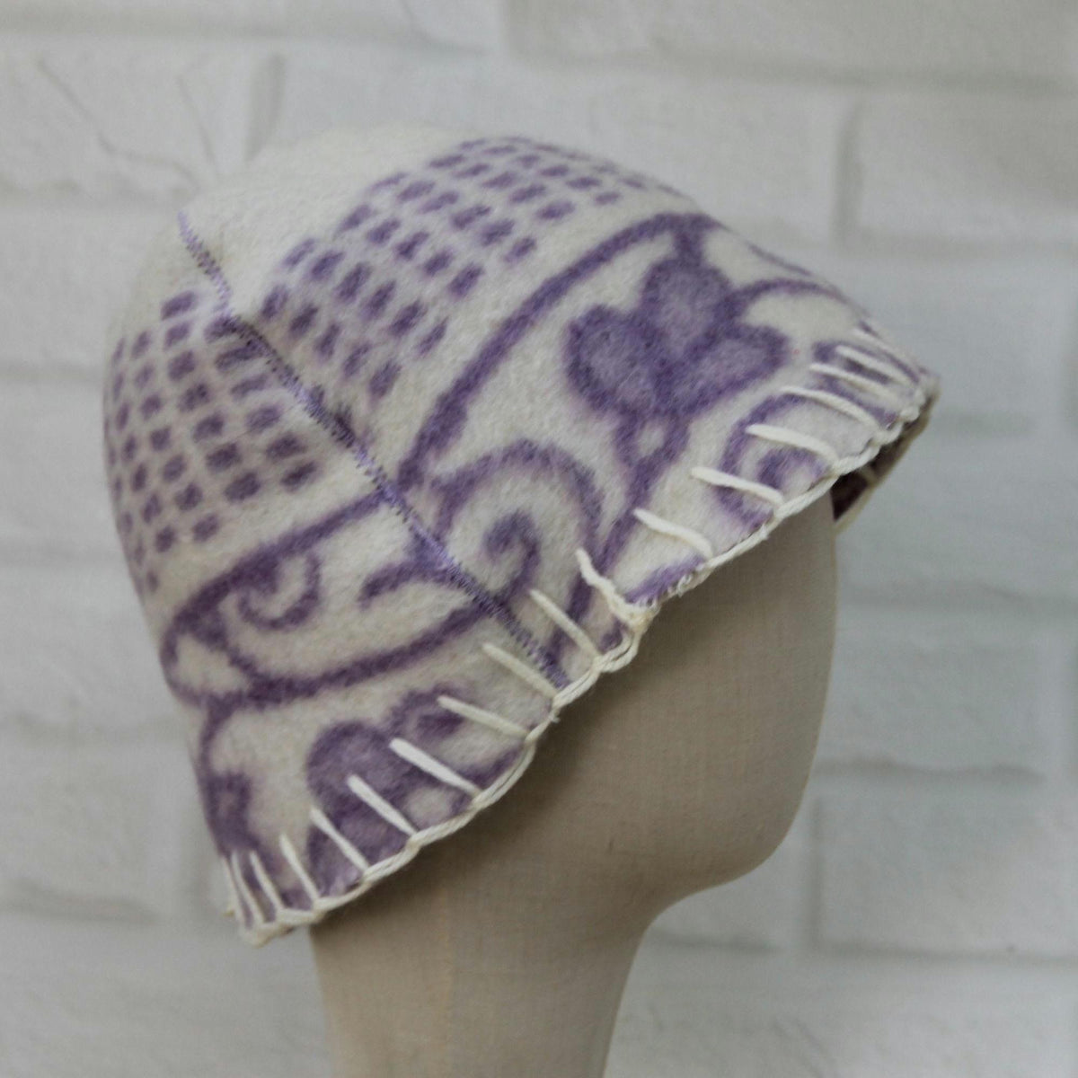 Reversible Lavender Wool Sauna Hat, Upcycled Blanket Bucket Cap, Spa Banya Accessory