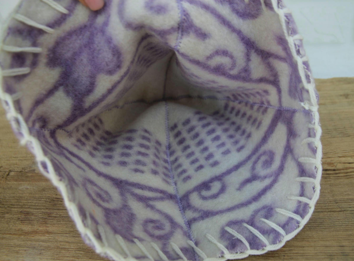 Reversible Lavender Wool Sauna Hat, Upcycled Blanket Bucket Cap, Spa Banya Accessory