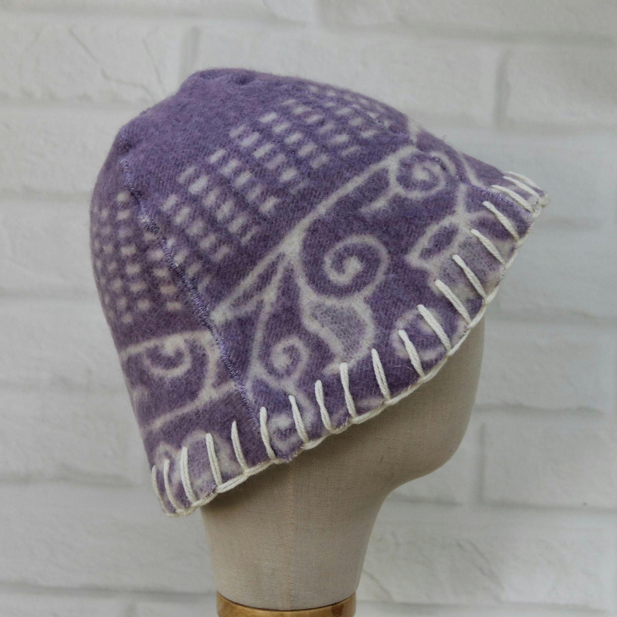 Reversible Lavender Wool Sauna Hat, Upcycled Blanket Bucket Cap, Spa Banya Accessory