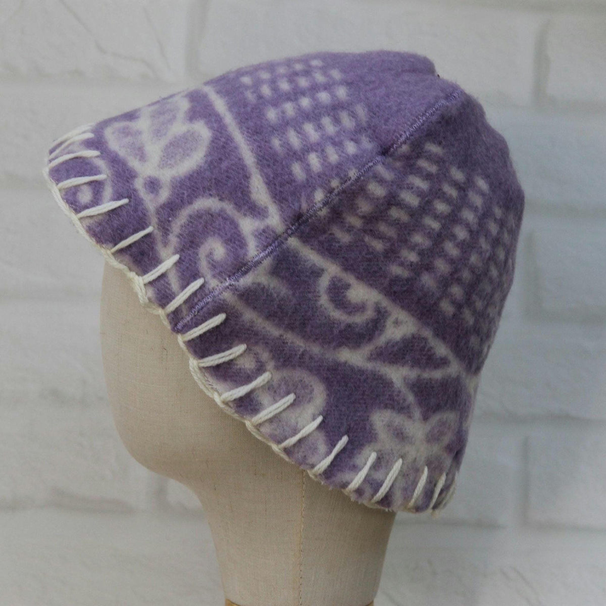 Reversible Lavender Wool Sauna Hat, Upcycled Blanket Bucket Cap, Spa Banya Accessory