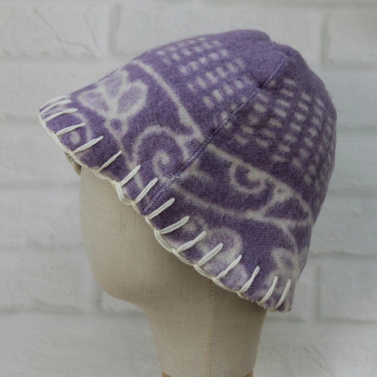 Reversible Lavender Wool Sauna Hat, Upcycled Blanket Bucket Cap, Spa Banya Accessory
