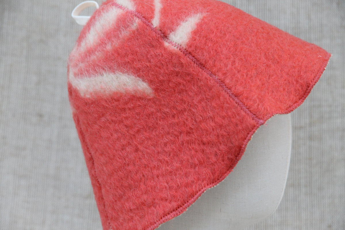 Upcycled Wool Sauna Hat, Coral Red Cream Banya Cap, Eco Felted Spa Bonnet