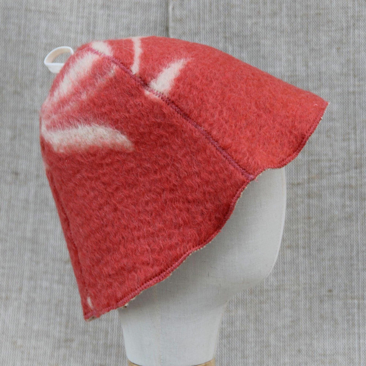 Upcycled Wool Sauna Hat, Coral Red Cream Banya Cap, Eco Felted Spa Bonnet