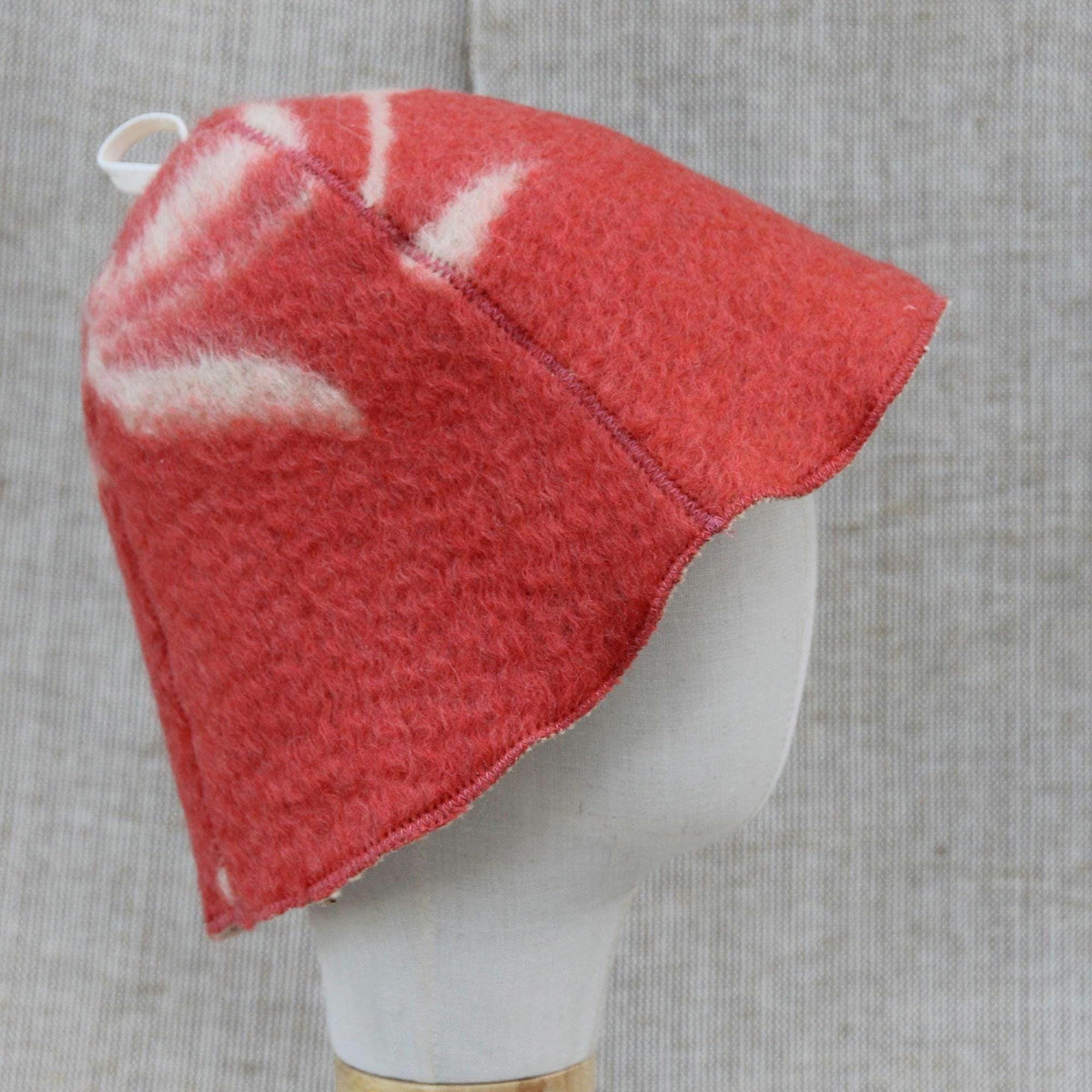 Upcycled Wool Sauna Hat, Coral Red Cream Banya Cap, Eco Felted Spa Bonnet