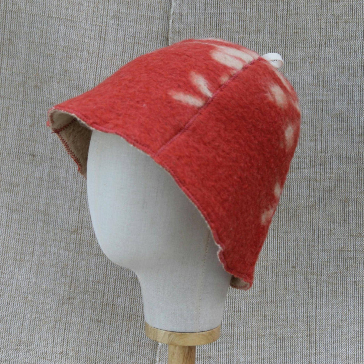 Upcycled Wool Sauna Hat, Coral Red Cream Banya Cap, Eco Felted Spa Bonnet