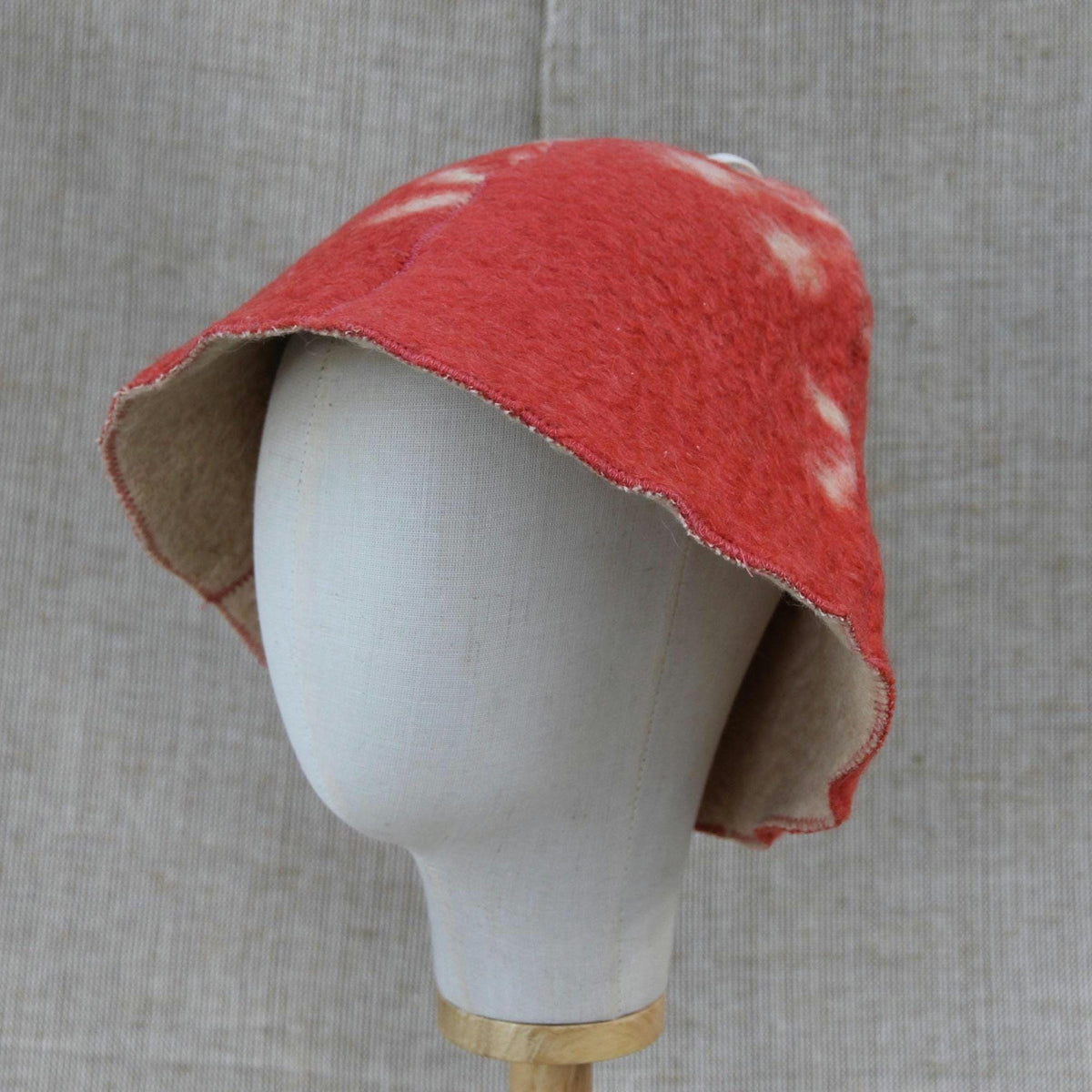 Upcycled Wool Sauna Hat, Coral Red Cream Banya Cap, Eco Felted Spa Bonnet