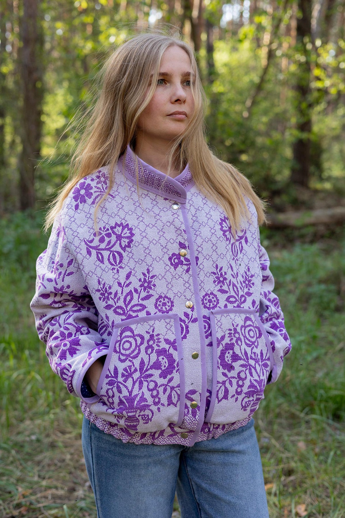Upcycled Floral Quilt Bomber Jacket, Oversized Purple Statement Coat, Sustainable M/L