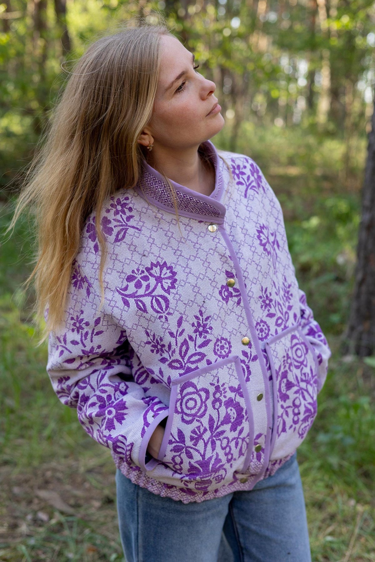 Upcycled Floral Quilt Bomber Jacket, Oversized Purple Statement Coat, Sustainable M/L