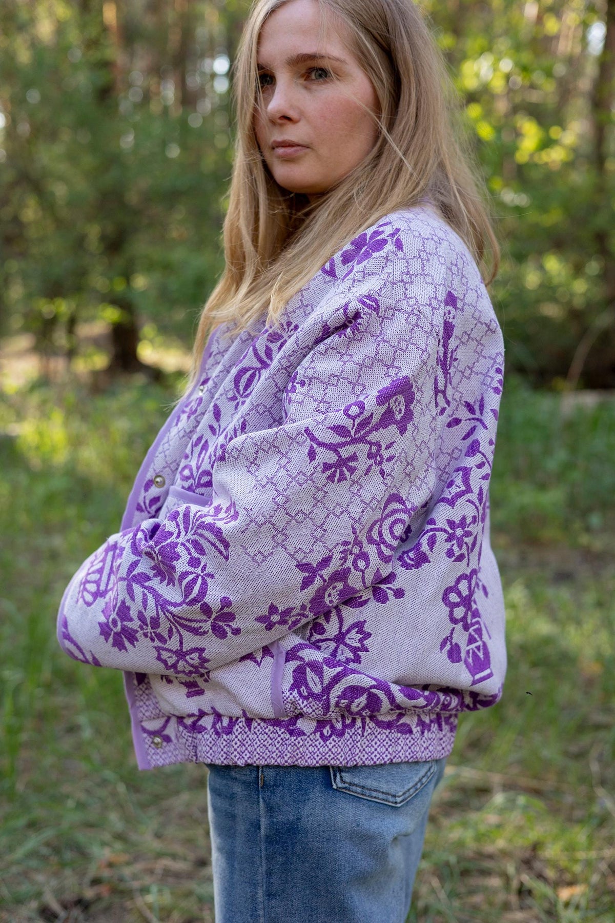 Upcycled Floral Quilt Bomber Jacket, Oversized Purple Statement Coat, Sustainable M/L