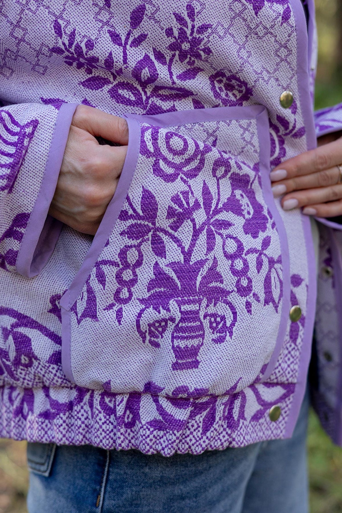 Upcycled Floral Quilt Bomber Jacket, Oversized Purple Statement Coat, Sustainable M/L