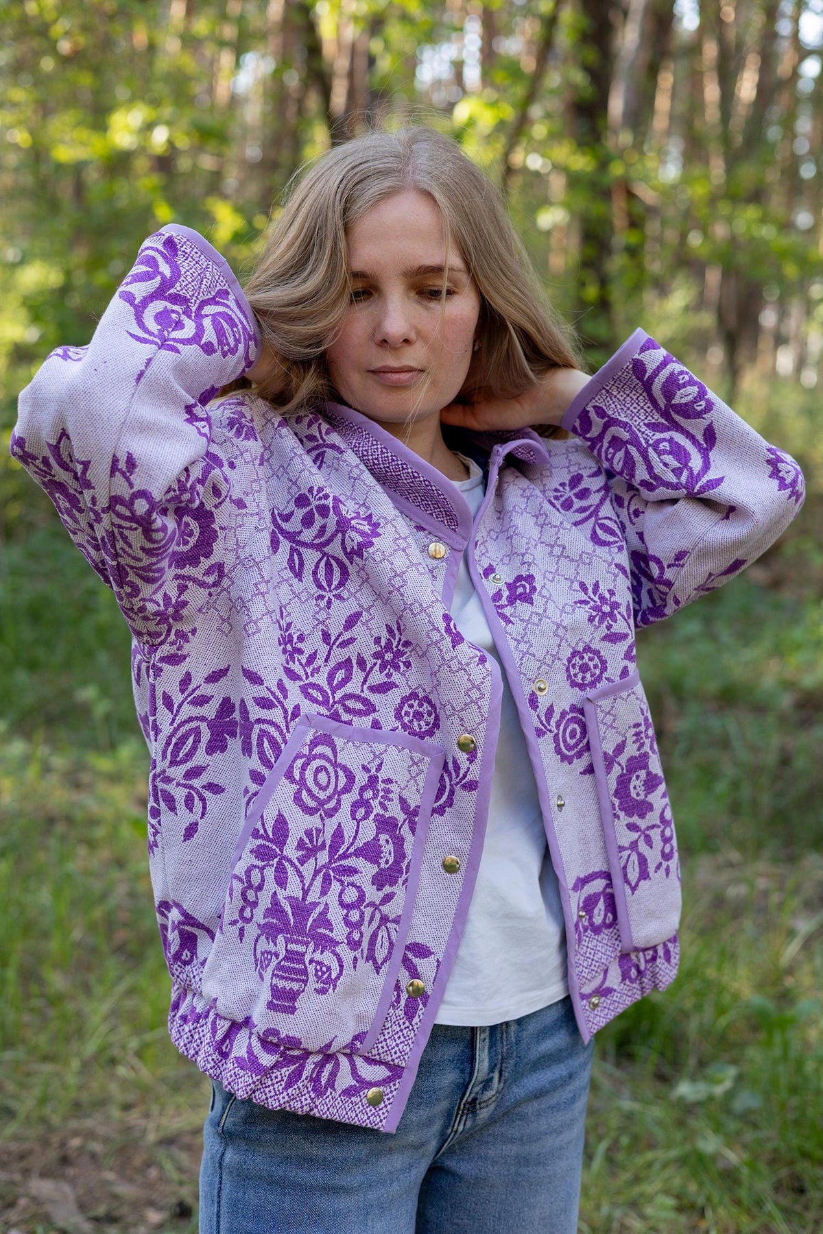 Upcycled Floral Quilt Bomber Jacket, Oversized Purple Statement Coat, Sustainable M/L