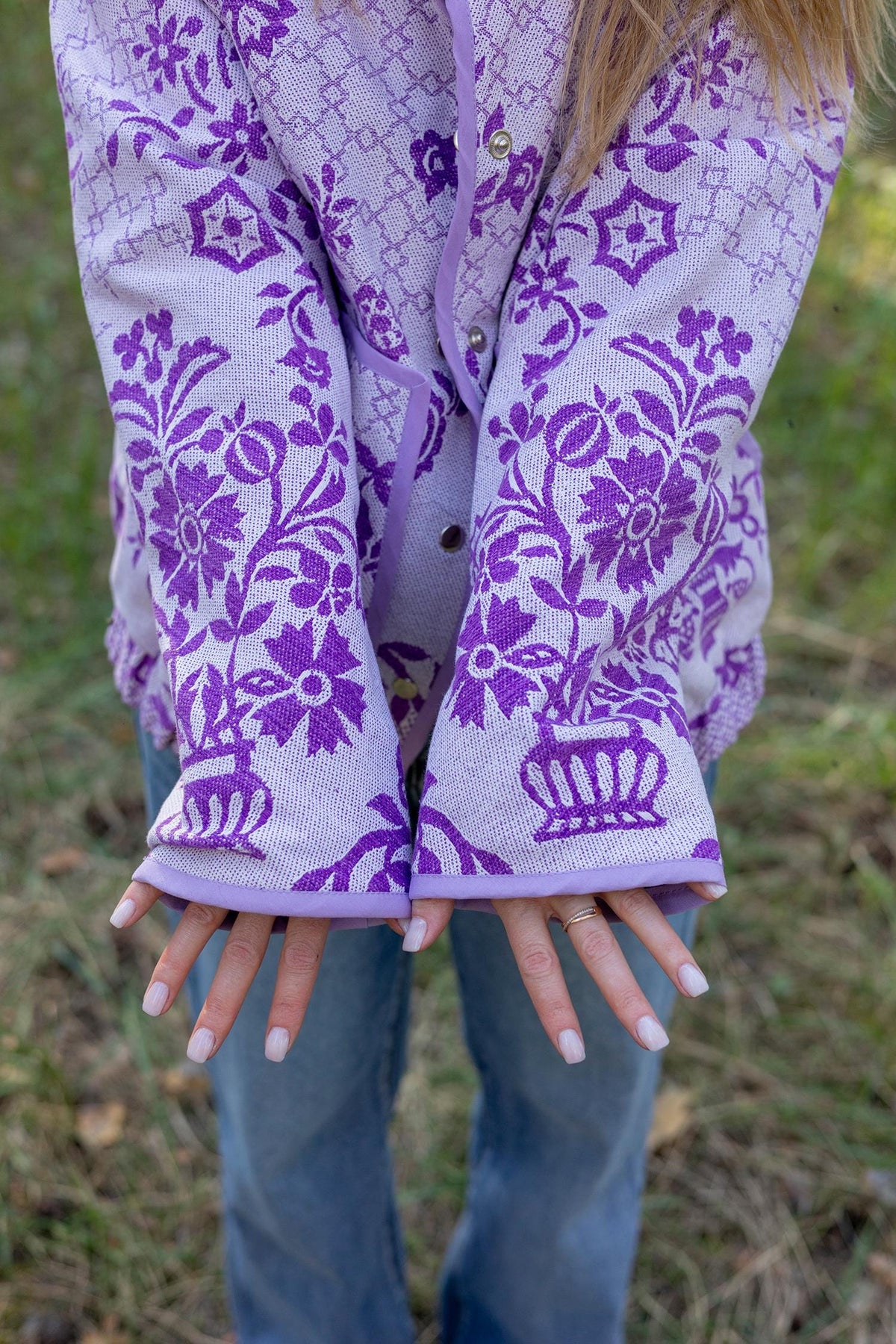 Upcycled Floral Quilt Bomber Jacket, Oversized Purple Statement Coat, Sustainable M/L