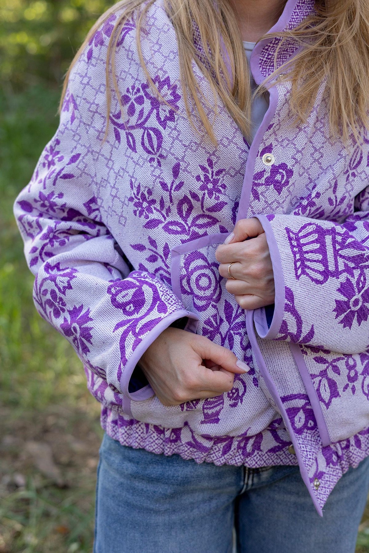 Upcycled Floral Quilt Bomber Jacket, Oversized Purple Statement Coat, Sustainable M/L