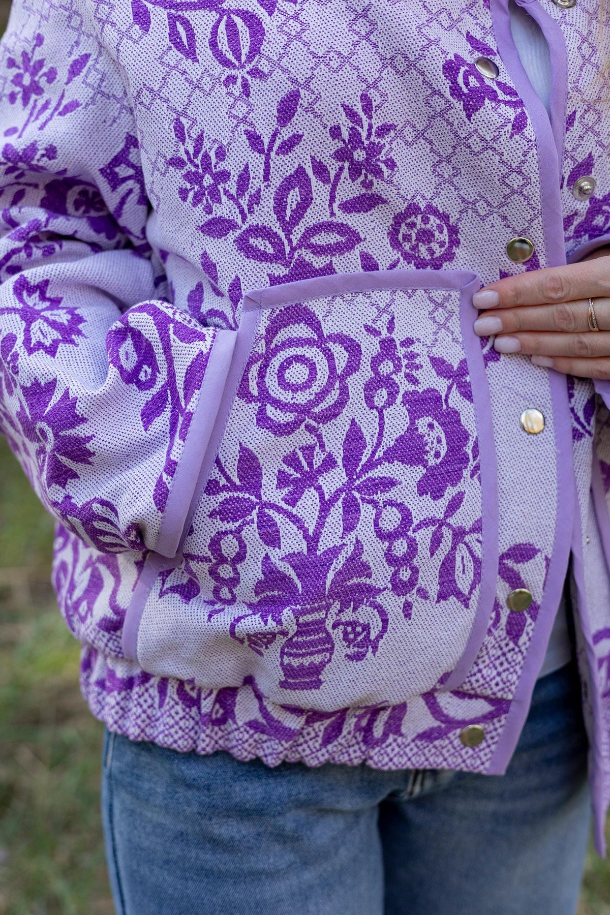 Upcycled Floral Quilt Bomber Jacket, Oversized Purple Statement Coat, Sustainable M/L